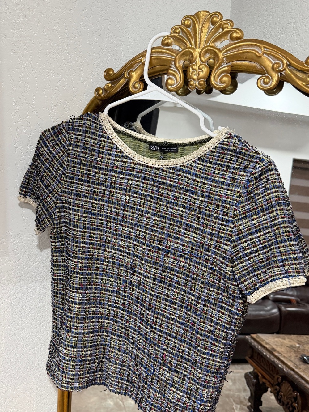 ZARA Multicolor Tweed Short Sleeve Top with Cream Pearl Trim